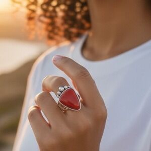 Statement Red Coral Stone Silver Tone Ring Beaded Stretchy Band Women's Fashion